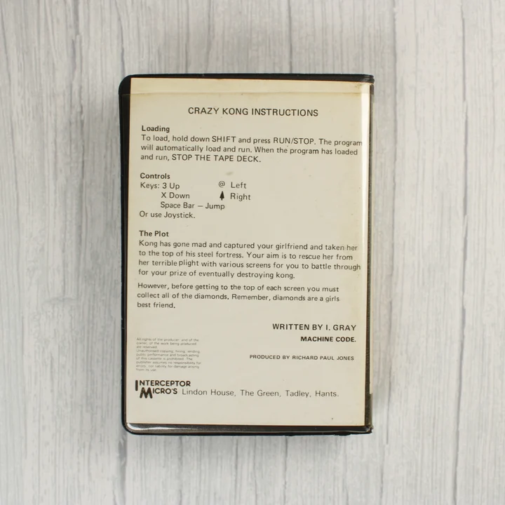 Crazy Kong Commodore 64 videójáték tokja hátulról a leírással