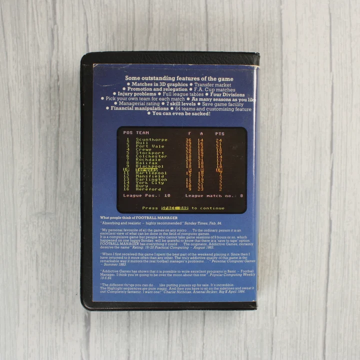 Football Manager Commodore 64 játék hátoldala
