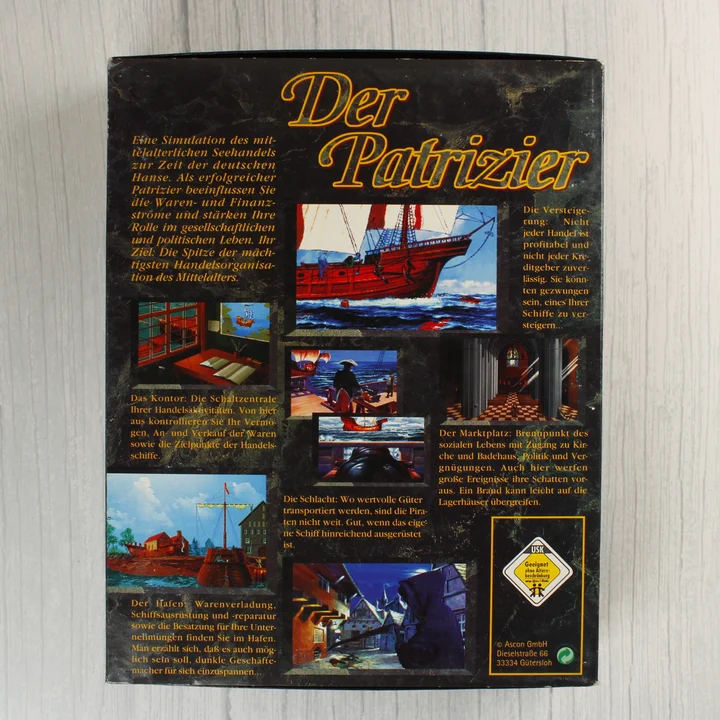 Der Patrizier PC játék dobozának hátoldala