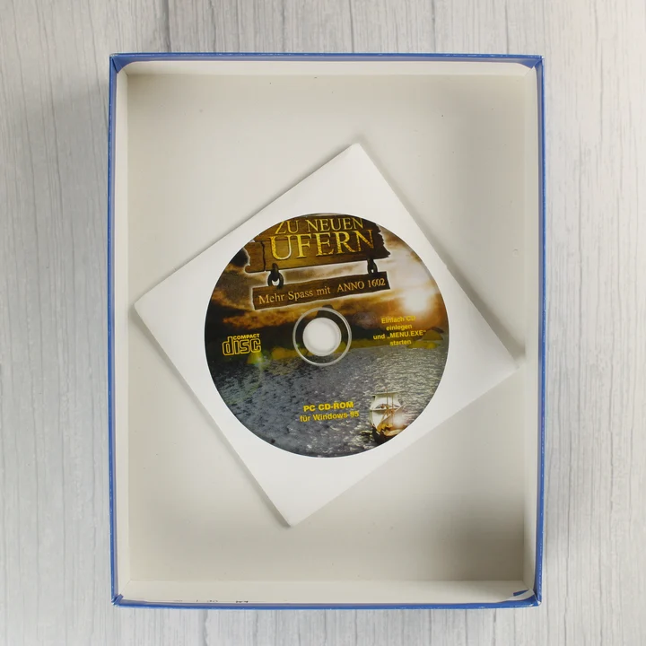 Zu neuen Ufern Anno 1602 CD-ROM a nyitott dobozban