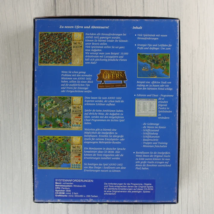 Zu neuen Ufern Anno 1602 kiegészítő szoftver dobozának hátoldala