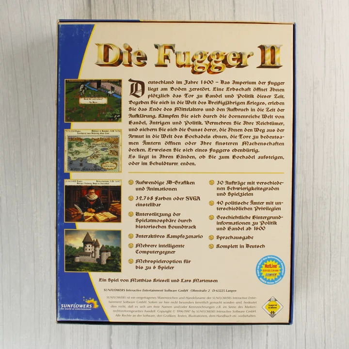 Die Fugger II doboz hátlap Die Fugger II PC játék dobozának hátoldala német nyelvű leírással