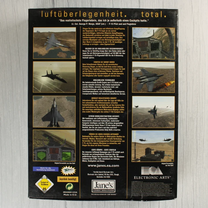 Jane's F-15 hátoldal Jane's F-15 videójáték dobozának hátoldala