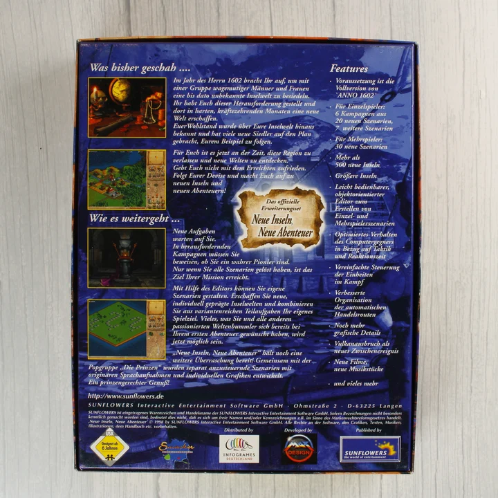 Anno 1602 kiegészítő dobozának hátoldala részletes leírással
