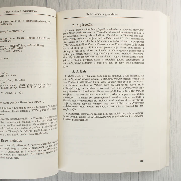 A könyv egyik belső oldala programozási szöveggel és kódokkal.