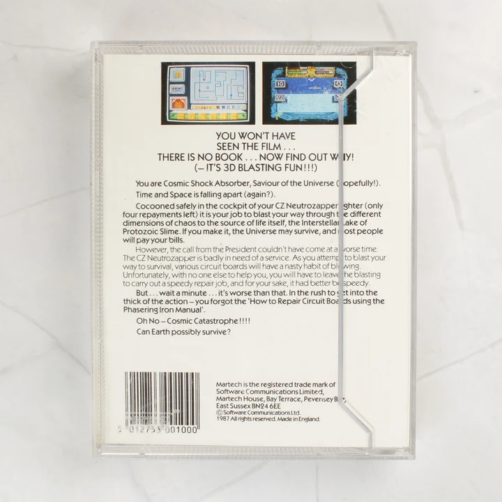Cosmic Shock Absorber Amstrad CPC videójáték tok hátoldala leírással