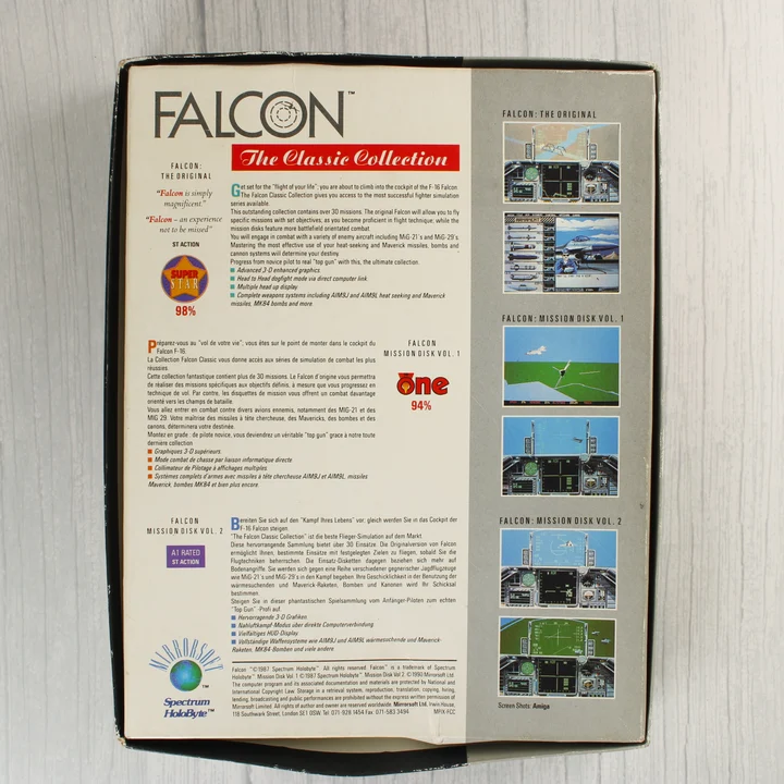 Falcon The Classic Collection Amiga játék dobozának hátoldala