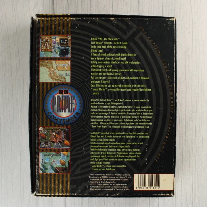 Ultima VII Black Gate doboz hátlap Az Ultima VII: The Black Gate PC játék dobozának hátoldala
