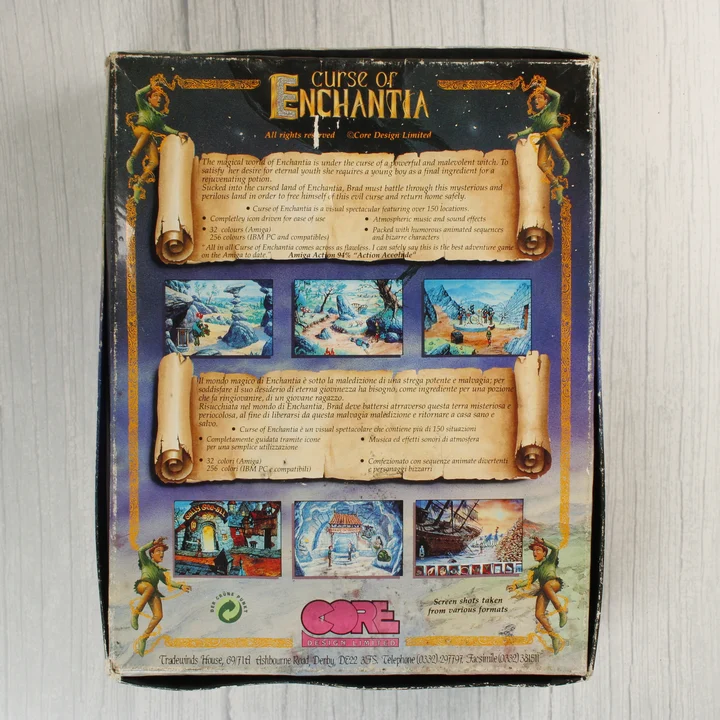 A Curse of Enchantia játék dobozának hátoldala leírásokkal és képernyőfotókkal.