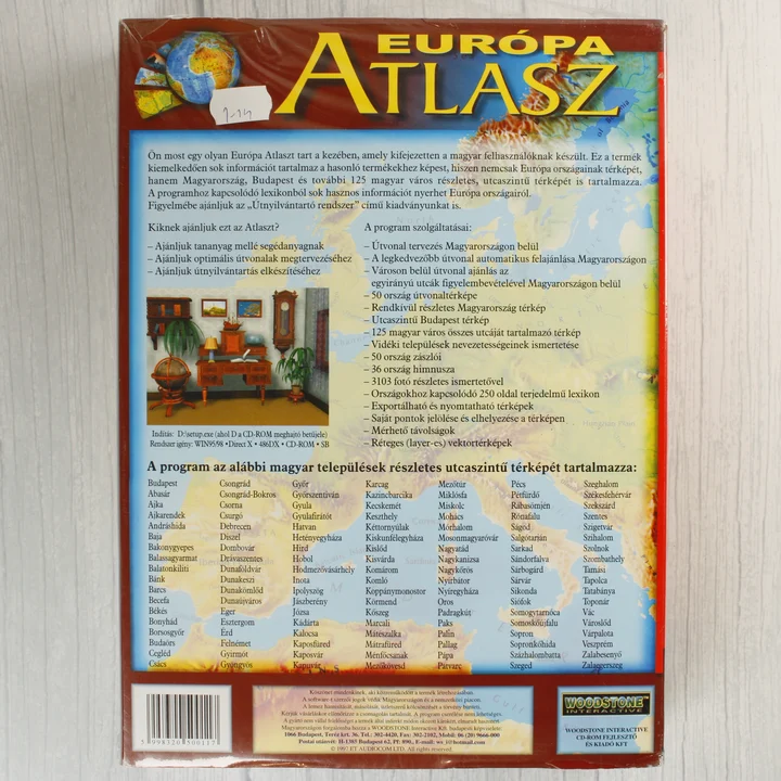 Európa Atlasz PC CD-ROM szoftver dobozának hátoldala a településlistával