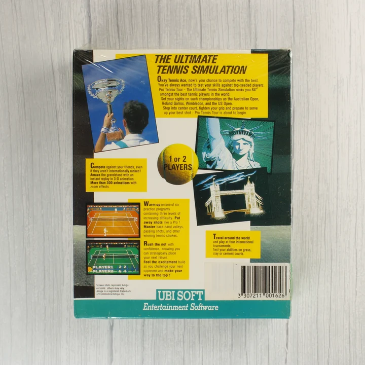 A Pro Tennis Tour videójáték dobozának hátoldala játékmenet képekkel