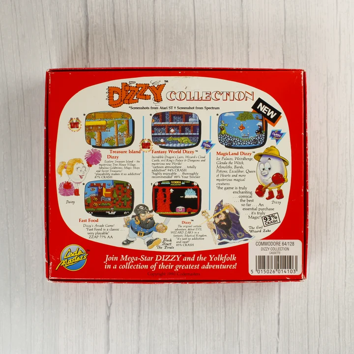 Dizzy Collection C64 doboz hátulnézet Dizzy Collection Commodore 64 játékgyűjtemény dobozának hátoldala