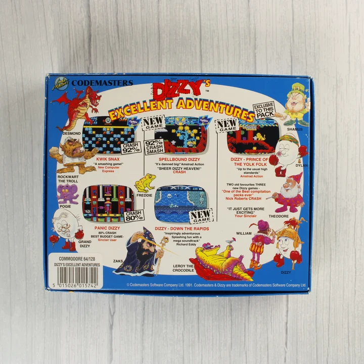 Dizzy's Excellent Adventures Commodore 64 játék dobozának hátulja