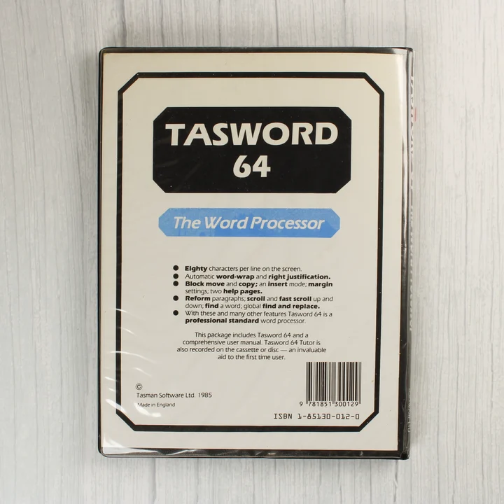 Tasword 64 szoftver tokja hátulról a vonalkóddal