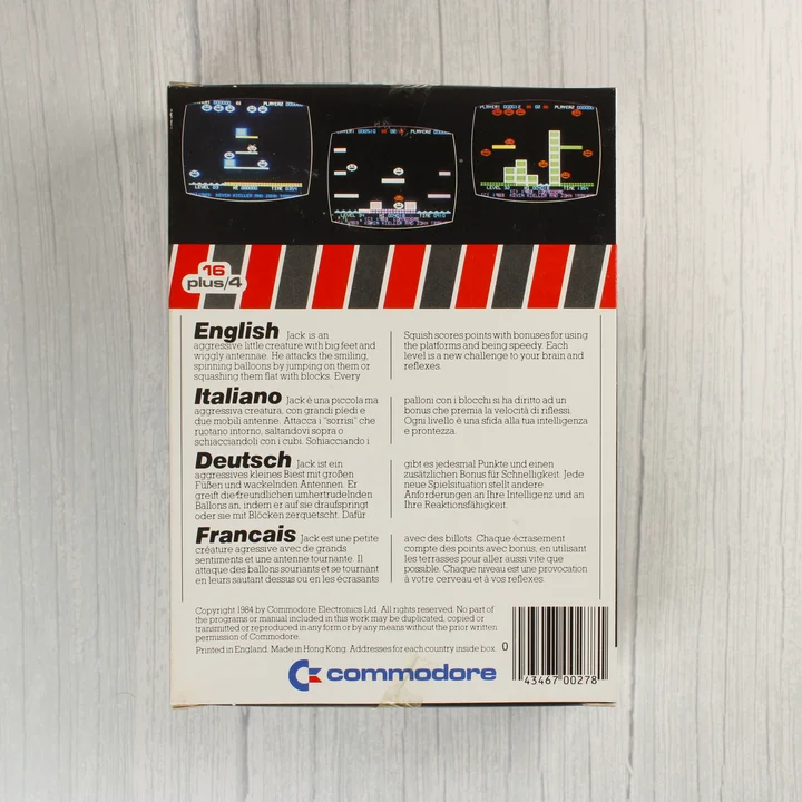 Jack Attack videójáték dobozának hátoldala többnyelvű leírással és képernyőképekkel