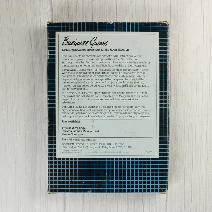 A Business Games videójáték dobozának hátoldala leírással