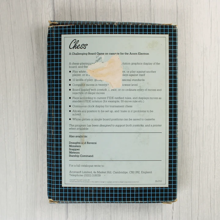 Acornsoft Chess hátoldali leírás Az Acornsoft Chess videójáték dobozának hátoldala