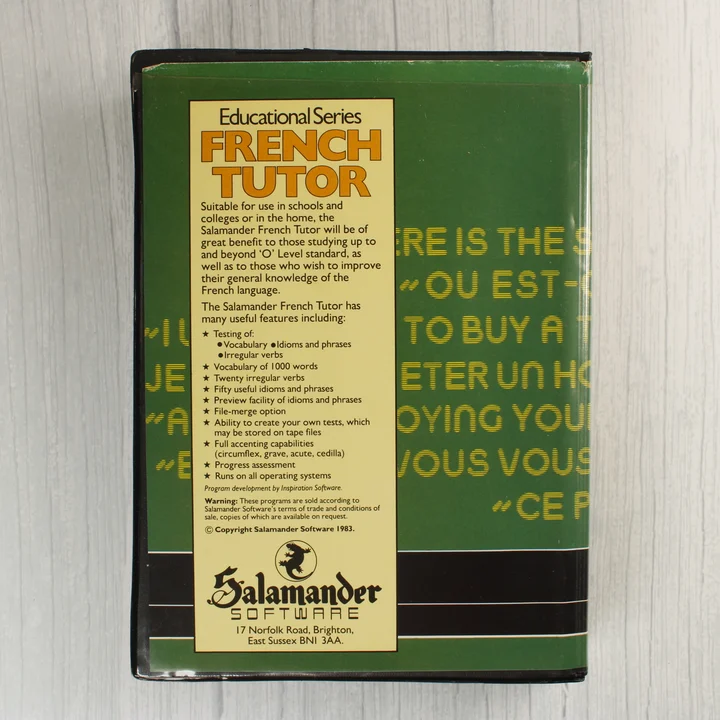 French Tutor szoftver tokjának hátoldala leírással