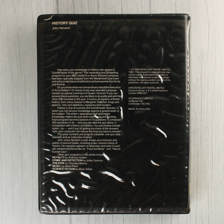 History Quiz hátlap A History Quiz videójáték tokjának hátoldala a leírással.