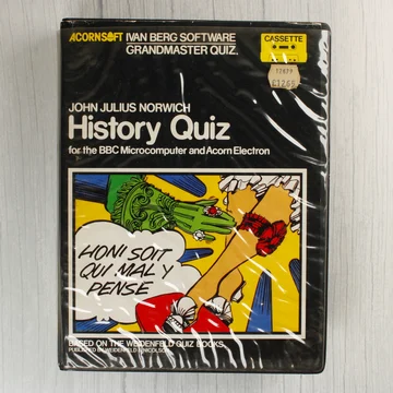 Az Acornsoft History Quiz videójáték elölnézete fóliázott tokban.