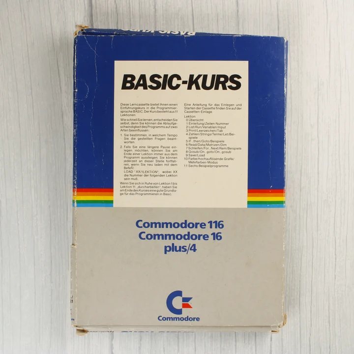 Commodore BASIC-Kurs dobozának hátoldala német nyelvű leírással