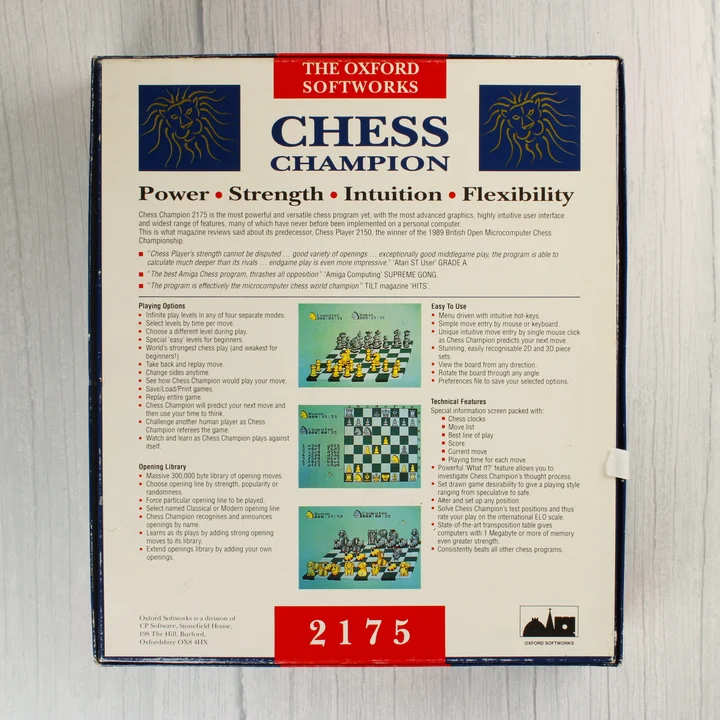 Chess Champion 2175 doboz hátoldal A Chess Champion 2175 játékdobozának hátoldala angol nyelvű leírással és képernyőképekkel.