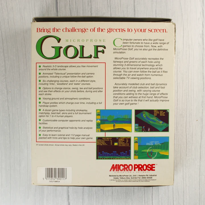 MicroProse Golf hátoldal MicroProse Golf Amiga játék dobozának hátoldala leírással