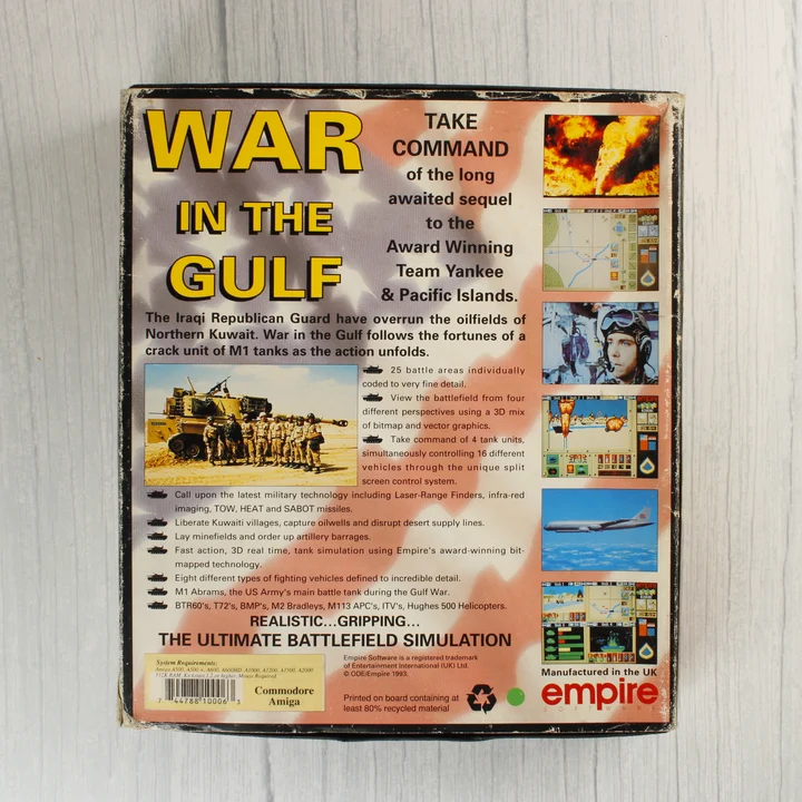War in the Gulf hátoldal War in the Gulf Amiga játék dobozának hátoldala