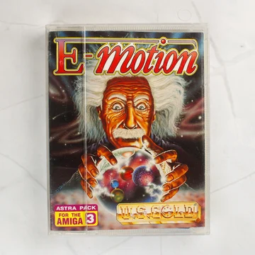 Az E-Motion videójáték előlapi borítója Albert Einstein grafikájával