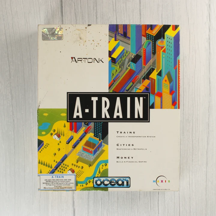 A-Train Amiga doboz elölnézet Az A-Train Amiga videójáték dobozának eleje színes városi grafikával