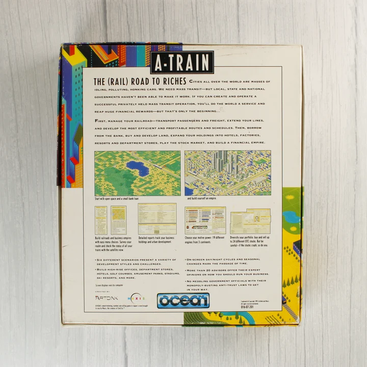 A-Train Amiga doboz hátnézet Az A-Train Amiga videójáték dobozának hátoldala leírással és képernyőképekkel