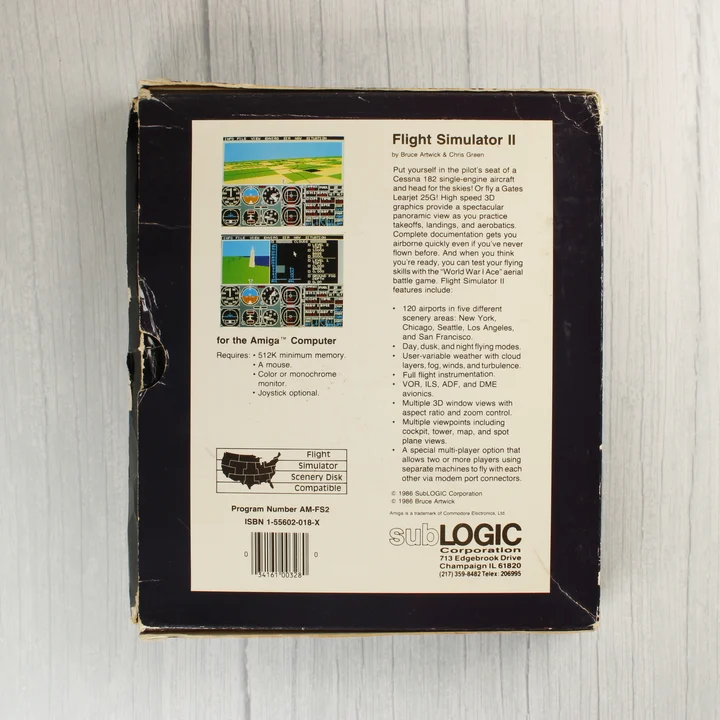 A Flight Simulator II Amiga játék dobozának hátoldala