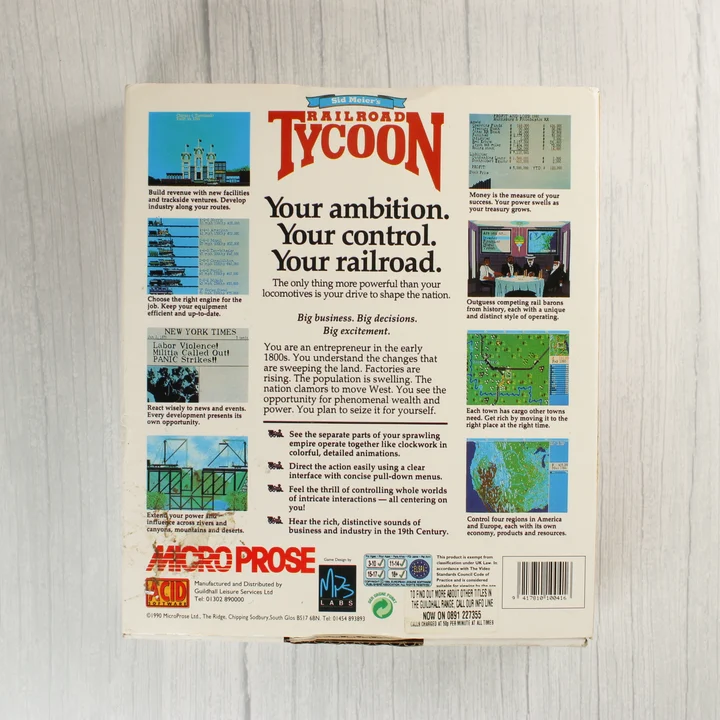 Sid Meier's Railroad Tycoon Amiga játék dobozának hátoldala