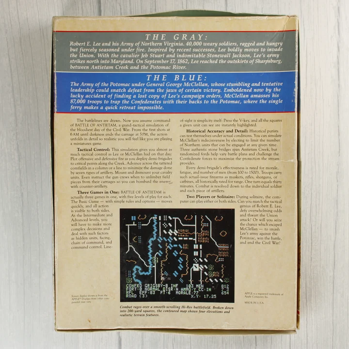 Battle of Antietam játék dobozának hátoldala leírással