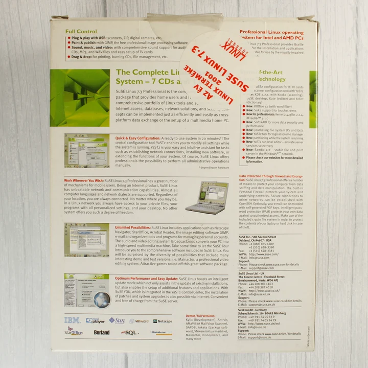 SuSE Linux Professional 7.3 szoftver dobozának hátoldala