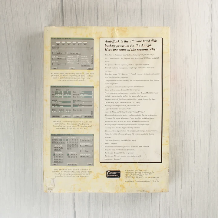 Az Ami-Back szoftver dobozának hátoldala a funkciók leírásával