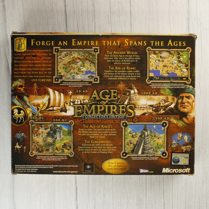 Age of Empires Collector's Edition doboz hátoldala leírással és képernyőképekkel